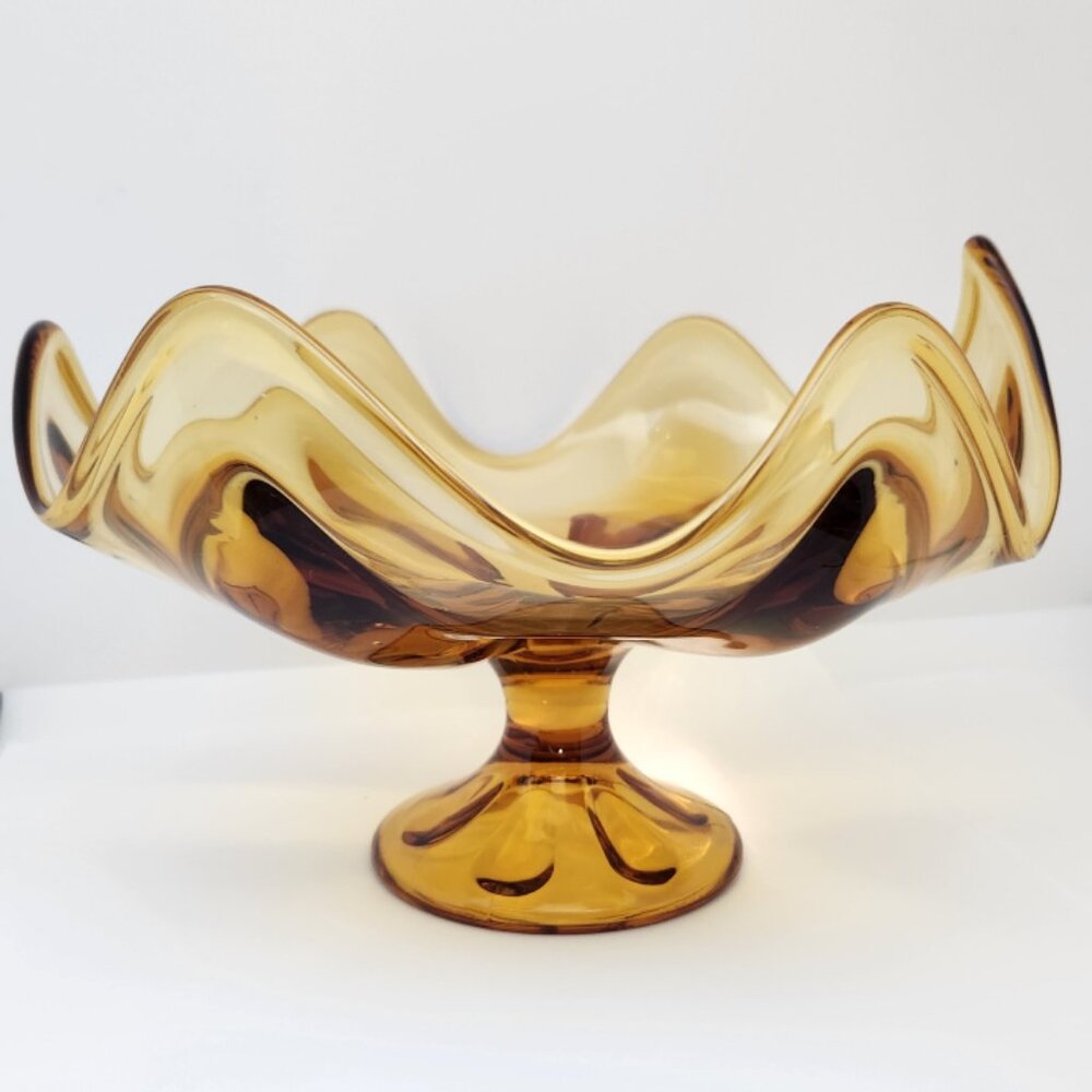 Viking EPIC, Six Petal, Pressed Glass, Amber, Pedestal Fruit Bowl, 9" Diameter - Picture 3 of 11